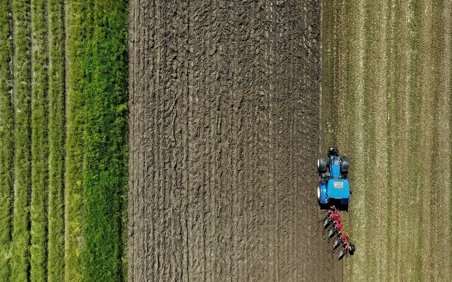 Tractor working a ploughed field, seen from above